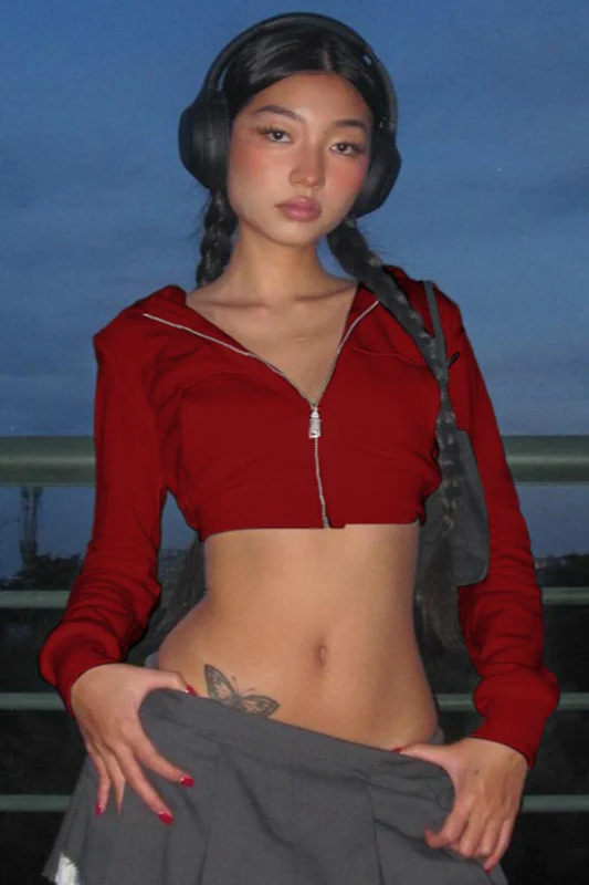 Crop Top Slim Fit Zip-Up Cardigan Hoodie - Image 8