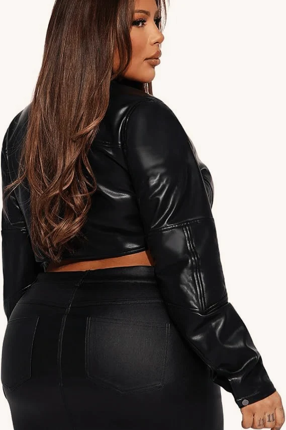 Cropped PU Leather Solid Paneled Jacket - Image 3