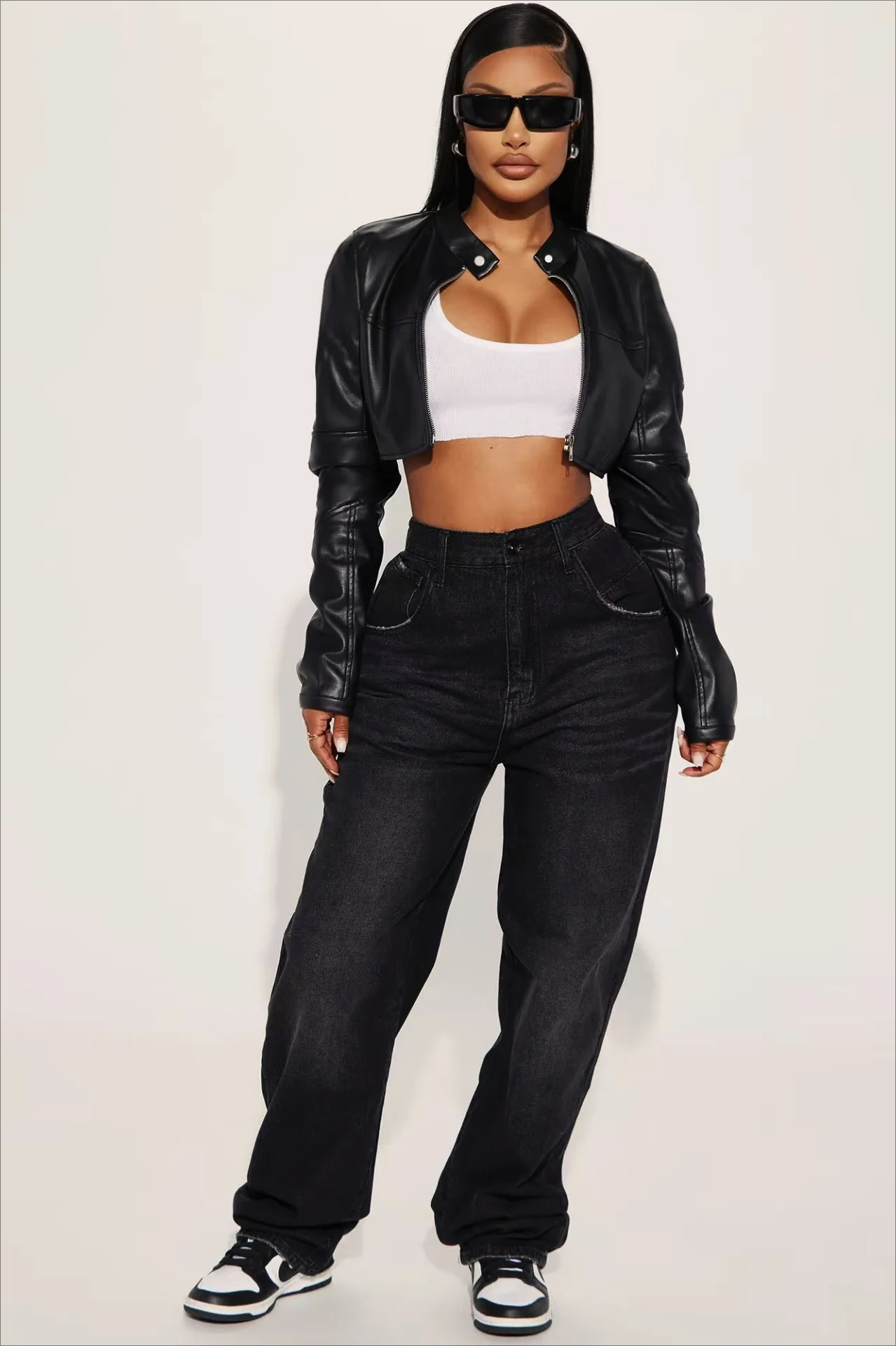 Cropped PU Leather Solid Paneled Jacket - Image 4