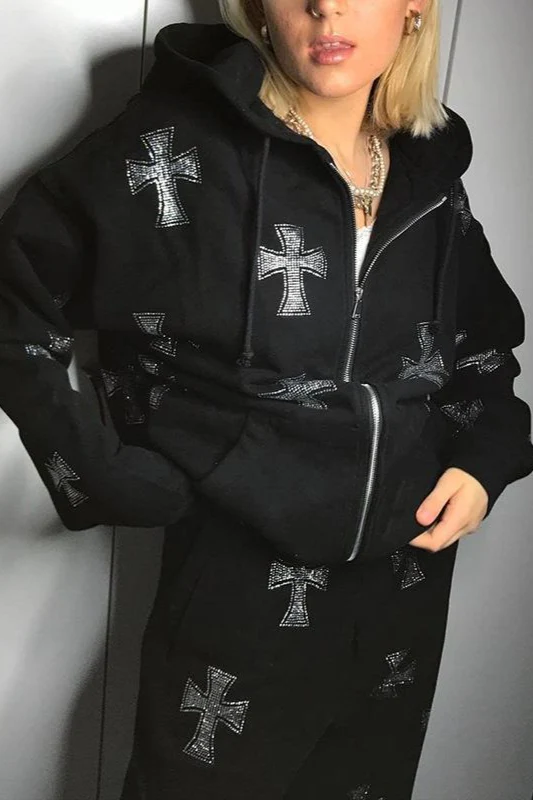 Cross Rhinestone Zip Loose Hoodie - Image 3