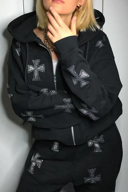 Cross Rhinestone Zip Loose Hoodie - Image 4