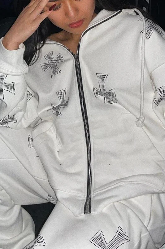 Cross Rhinestone Zip Loose Hoodie - Image 5