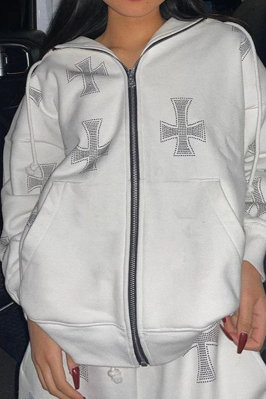 Cross Rhinestone Zip Loose Hoodie - Image 6