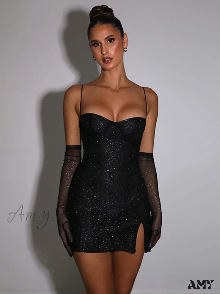Amy Fashion - Glitter Party Club Fashion Outfits Spaghetti Strap Sexy Slit Dress - Image 3