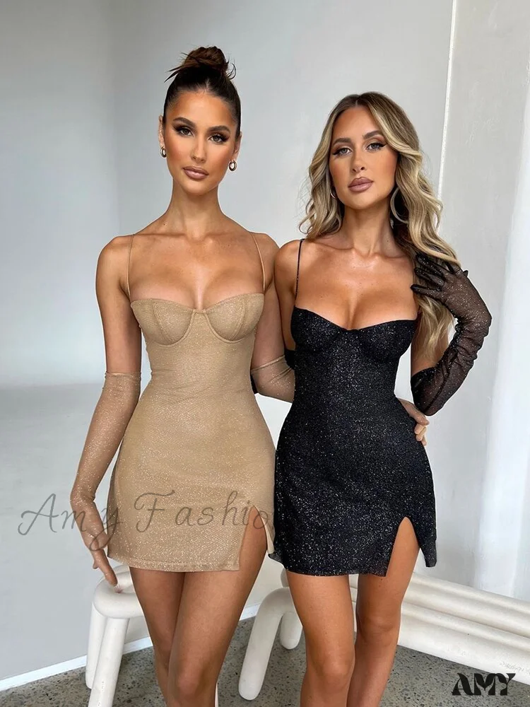 Amy Fashion - Glitter Party Club Fashion Outfits Spaghetti Strap Sexy Slit Dress - Image 5