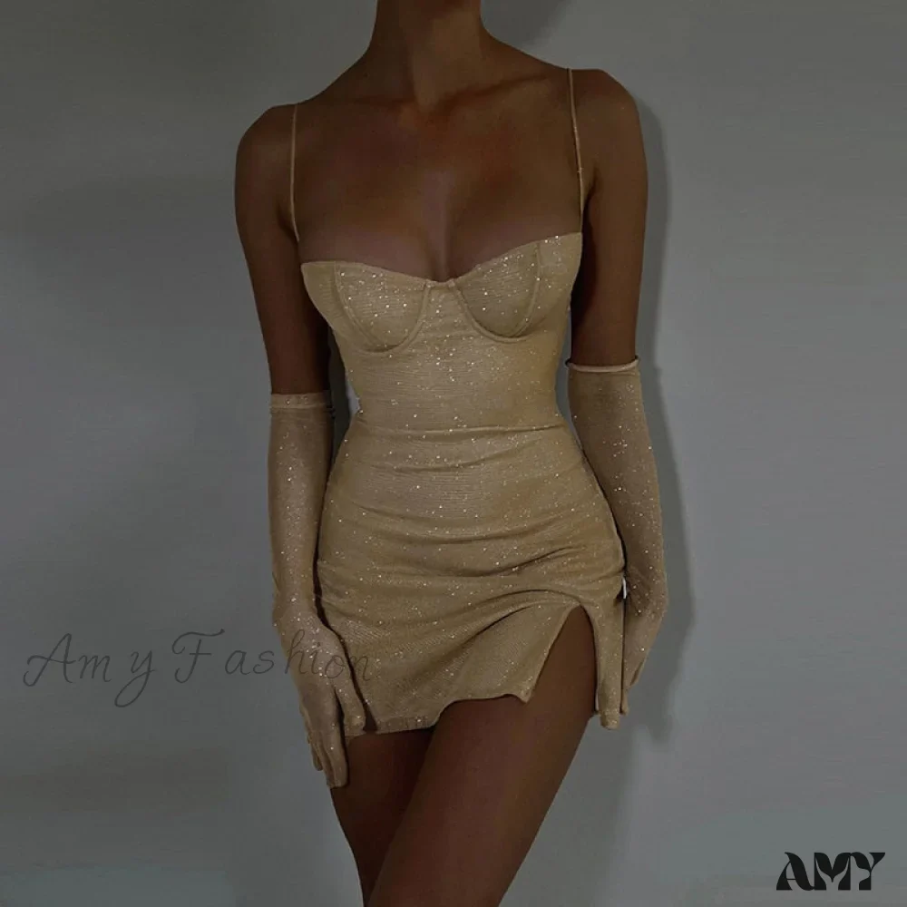 Amy Fashion - Glitter Party Club Fashion Outfits Spaghetti Strap Sexy Slit Dress - Image 6
