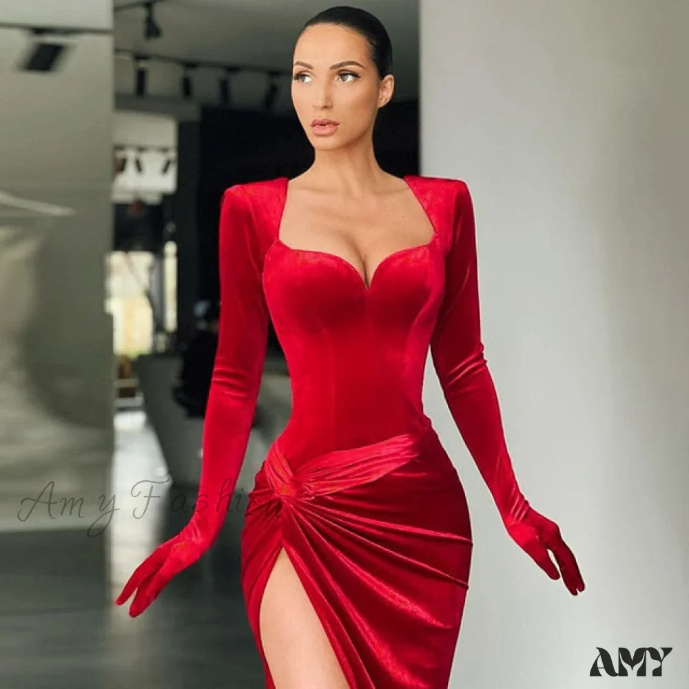 Amy Fashion - Elegant Evening Gloves Sleeve Velvet Slit Maxi Dress - Image 2
