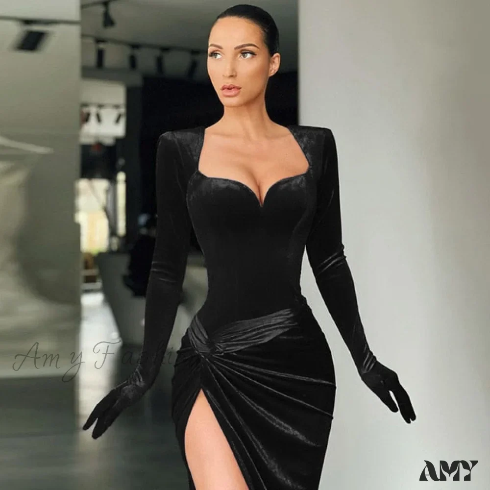 Amy Fashion - Elegant Evening Gloves Sleeve Velvet Slit Maxi Dress - Image 3