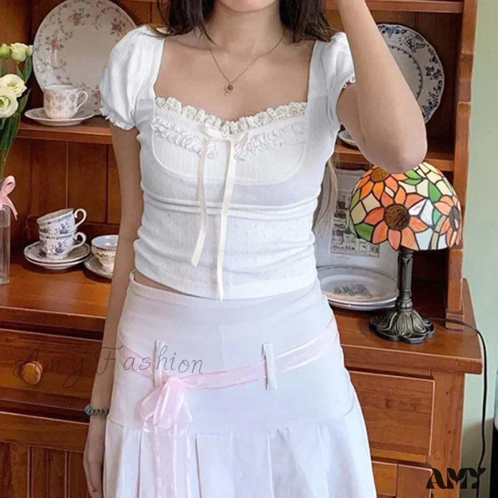 Cute Coquette Pink Kawaii Ruched Stitching Square Collar White Short Sleeve Y2k Crop Top - Image 3