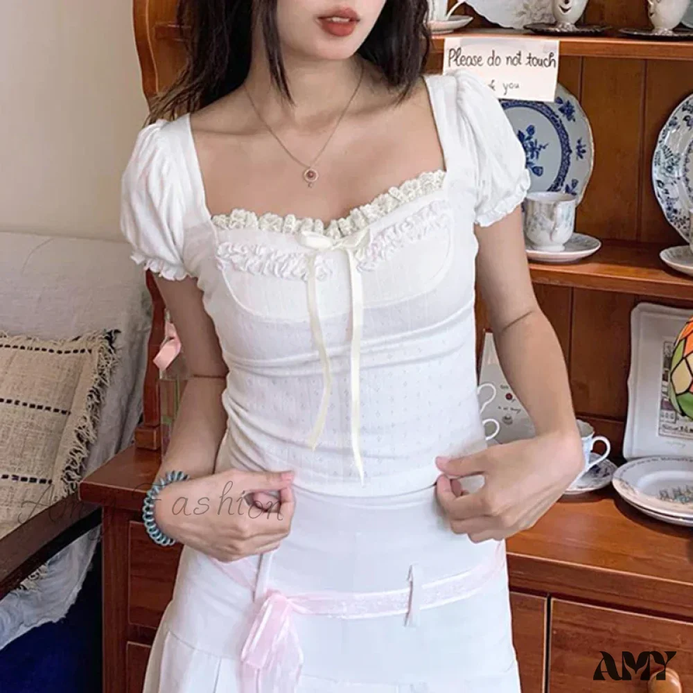 Cute Coquette Pink Kawaii Ruched Stitching Square Collar White Short Sleeve Y2k Crop Top - Image 4