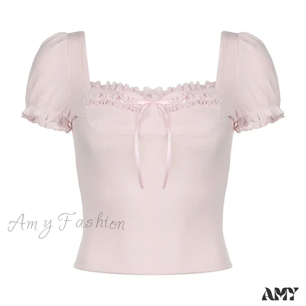 Cute Coquette Pink Kawaii Ruched Stitching Square Collar White Short Sleeve Y2k Crop Top - Image 5