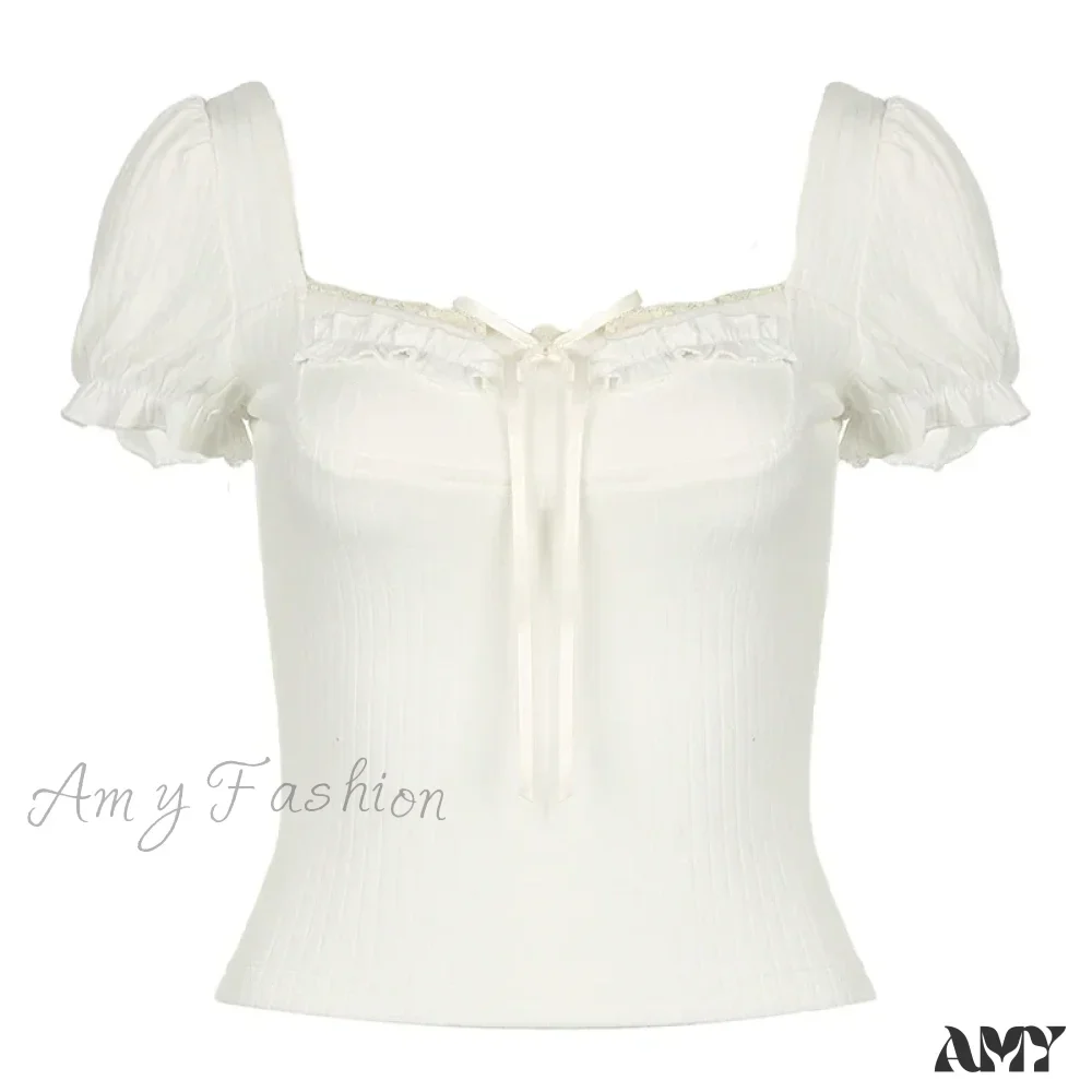Cute Coquette Pink Kawaii Ruched Stitching Square Collar White Short Sleeve Y2k Crop Top - Image 6