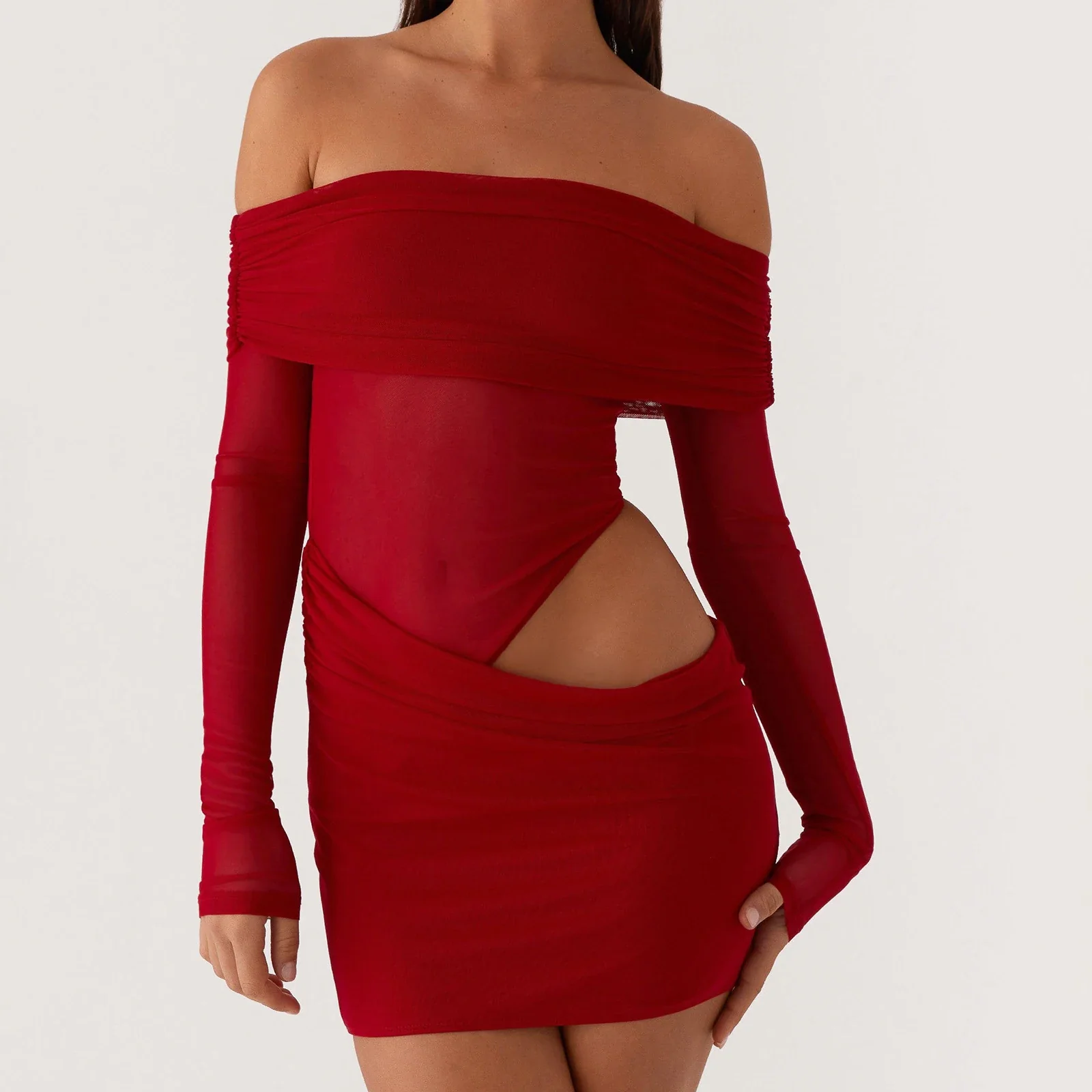 Cutout Mesh Long Sleeve Bodycon Dress - Image 2
