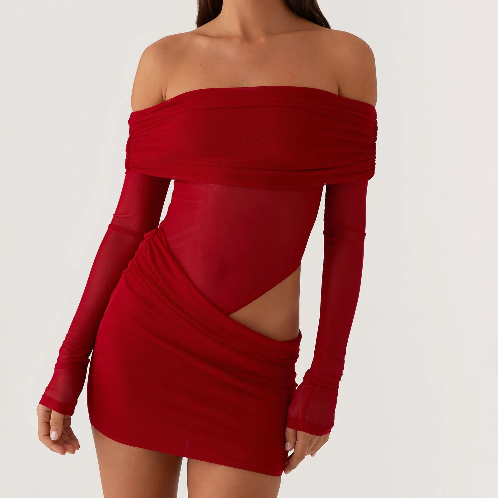 Cutout Mesh Long Sleeve Bodycon Dress - Image 8