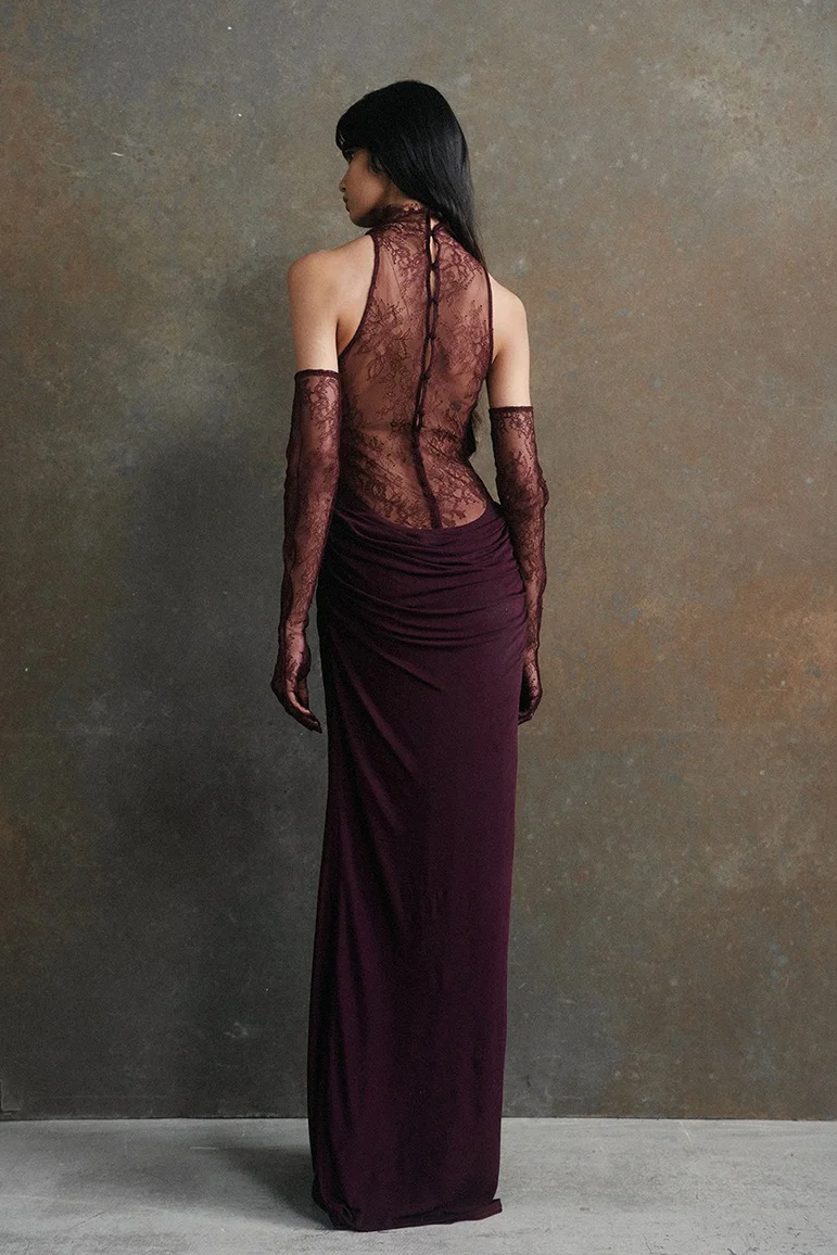 Deep V Lace Cut-Out Slim Long-Sleeve Party Dress - Image 4
