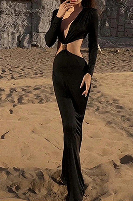 Deep V Lace Cut-Out Slim Long-Sleeve Party Dress - Image 3