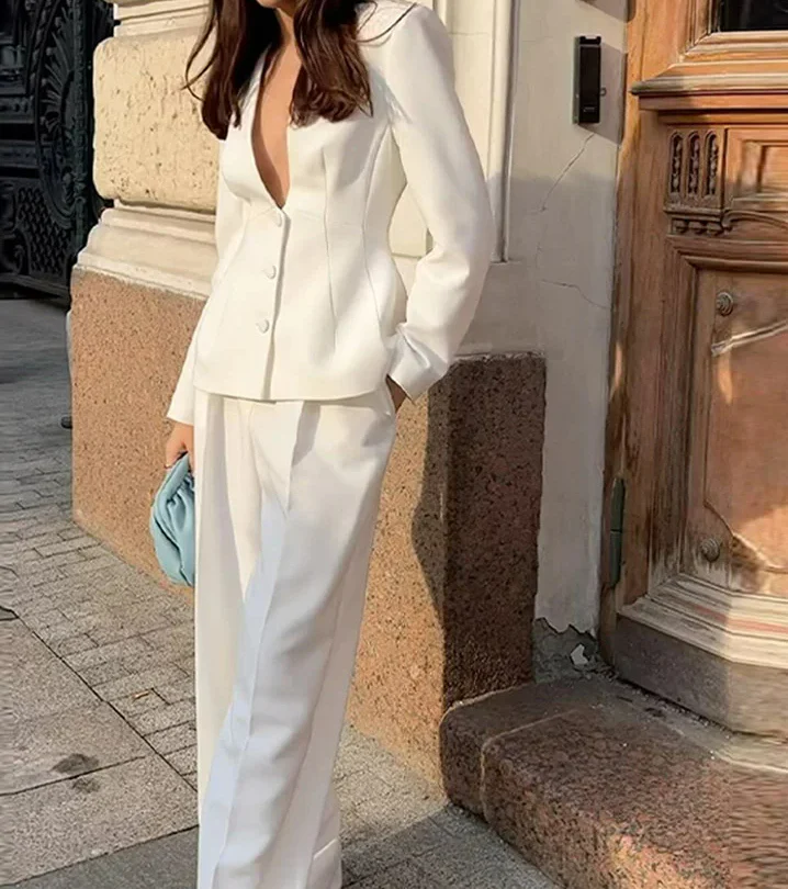 Deep V-Neck Blazer Pants Set Coat - Image 2