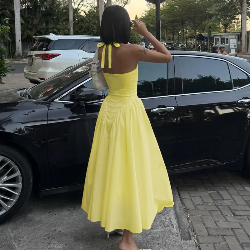 Deep V Neck Halter Pleated Prom Dress - Image 3