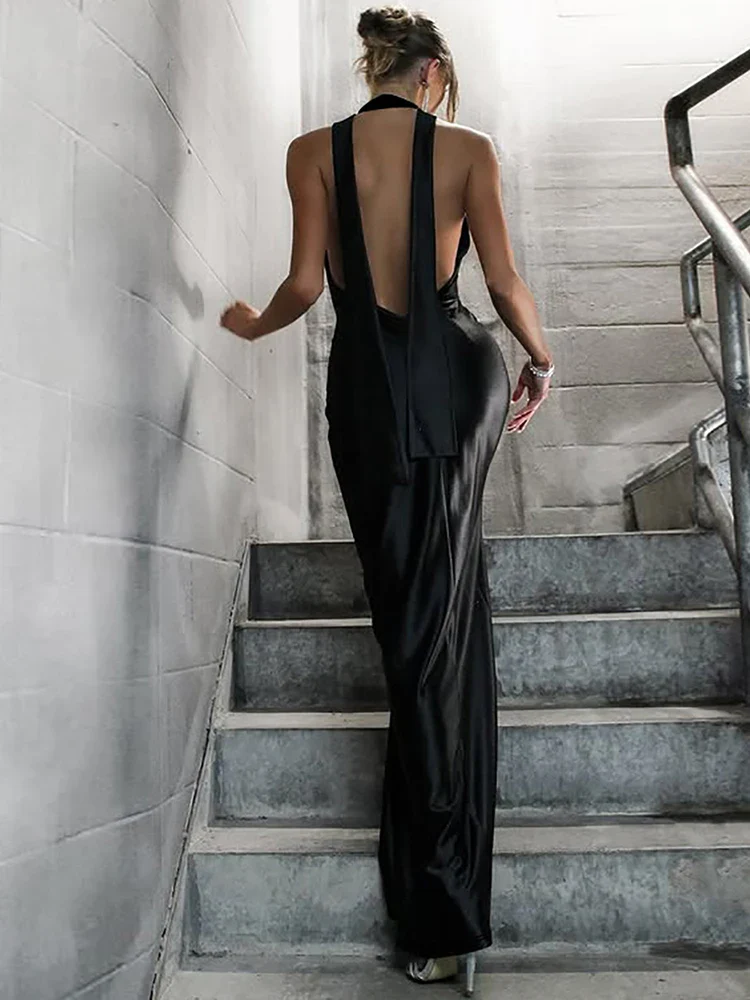 Deep V Ribbon Slit Halter Maxi Dress - Image 4