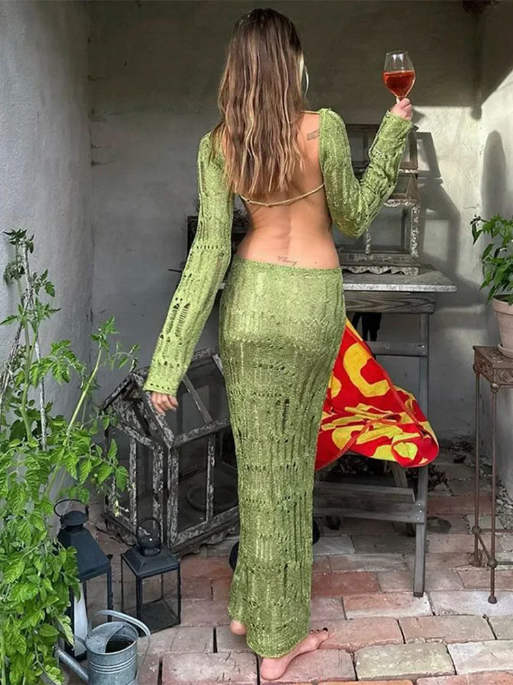 Deep V Ribbon Slit Halter Maxi Dress