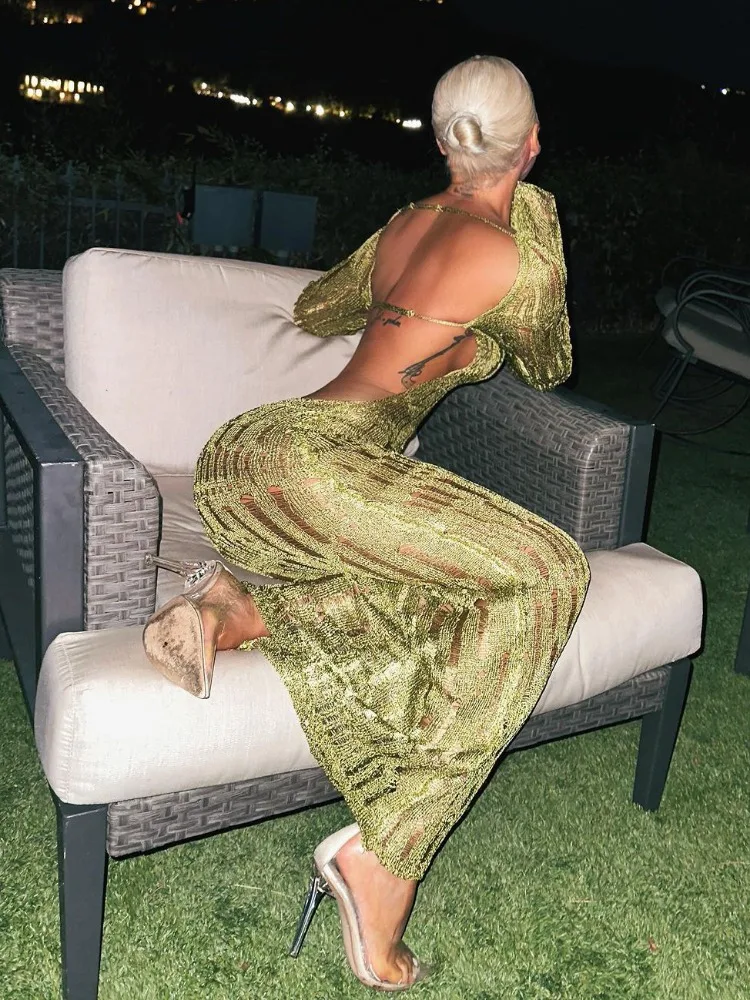 Deep V Ribbon Slit Halter Maxi Dress - Image 4