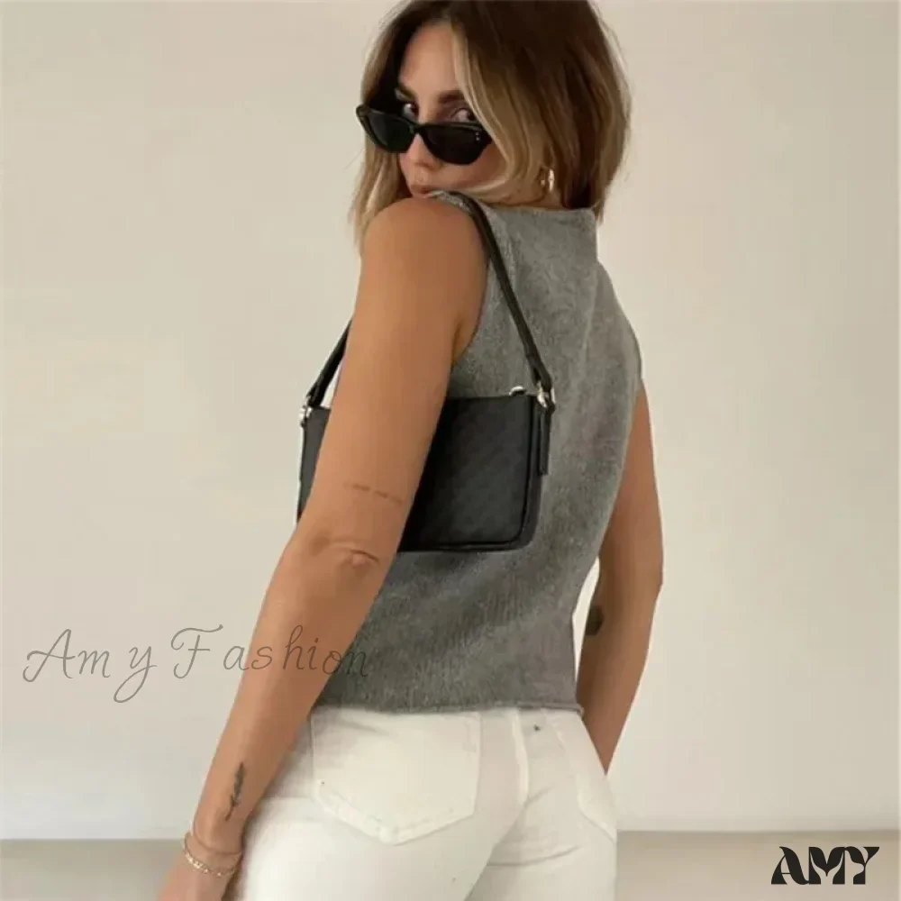 Deep V Sexy Summer New Sleeveless Knitted Simple Street Crop Top - Image 2