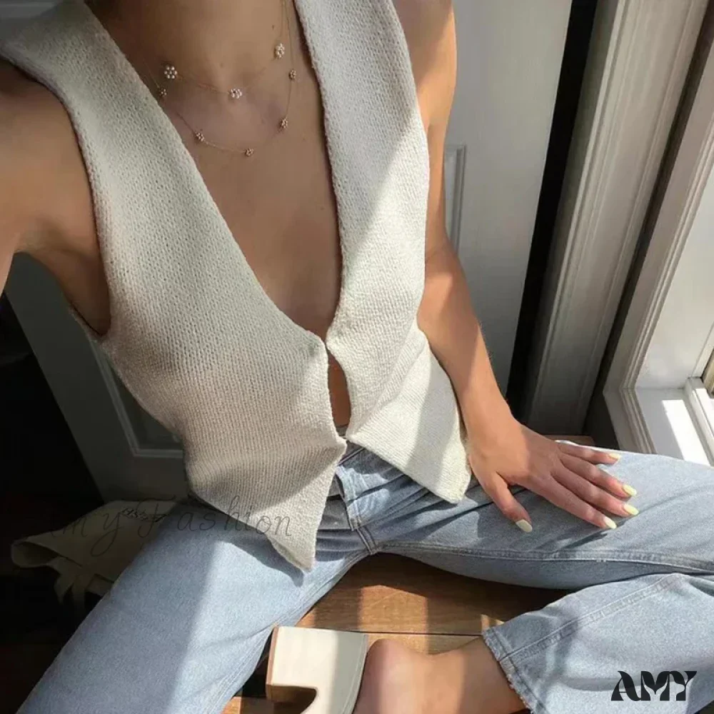 Deep V Sexy Summer New Sleeveless Knitted Simple Street Crop Top - Image 5