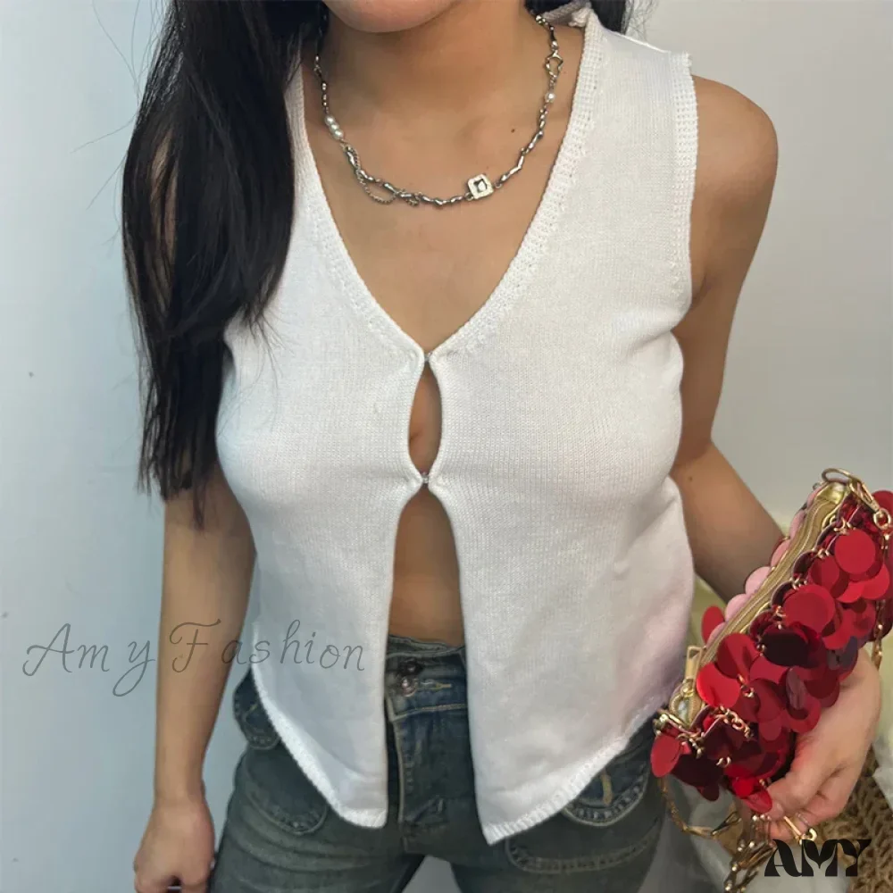 Deep V Sexy Summer New Sleeveless Knitted Simple Street Crop Top - Image 6