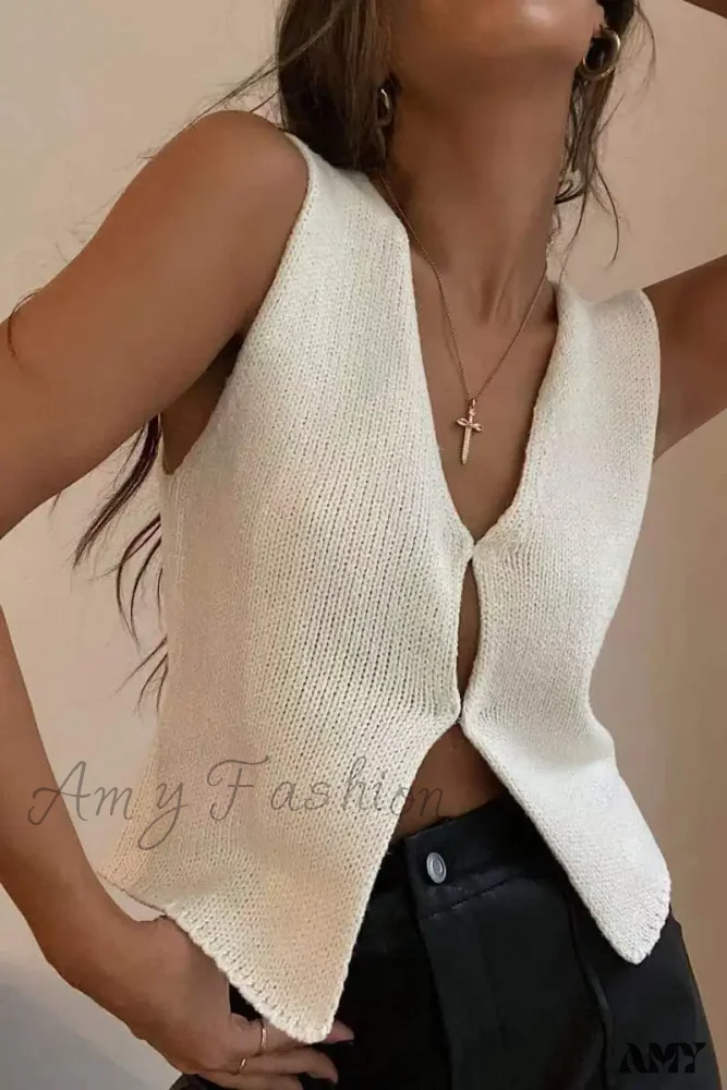 Deep V Sexy Summer New Sleeveless Knitted Simple Street Crop Top - Image 7