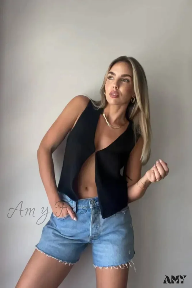 Deep V Sexy Summer New Sleeveless Knitted Simple Street Crop Top - Image 8