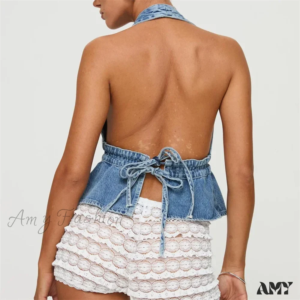 Denim Solid Color V Neck Sleeveless Backless Bandage Vest Jeans Streetwear Crop Top - Image 2