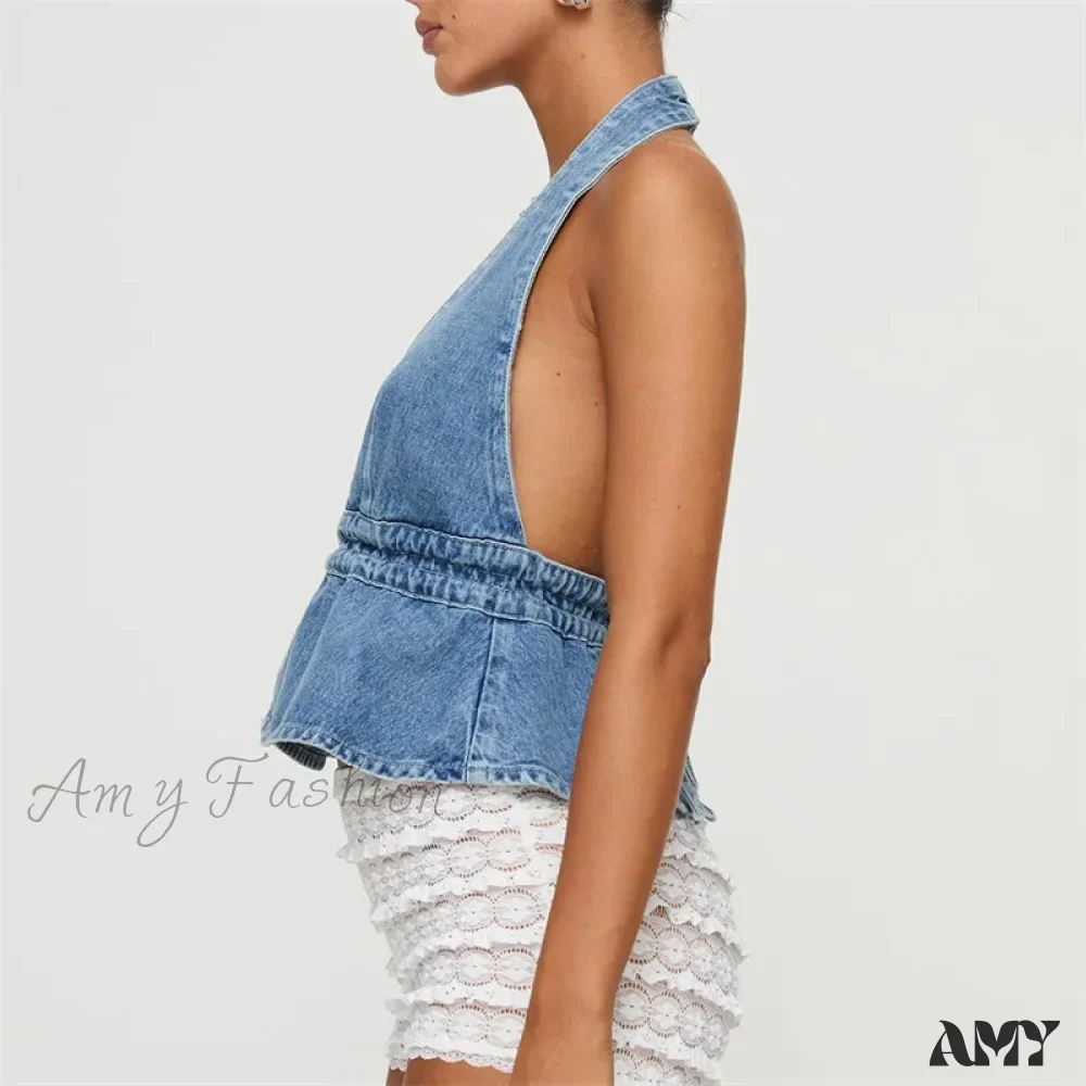 Denim Solid Color V Neck Sleeveless Backless Bandage Vest Jeans Streetwear Crop Top - Image 3