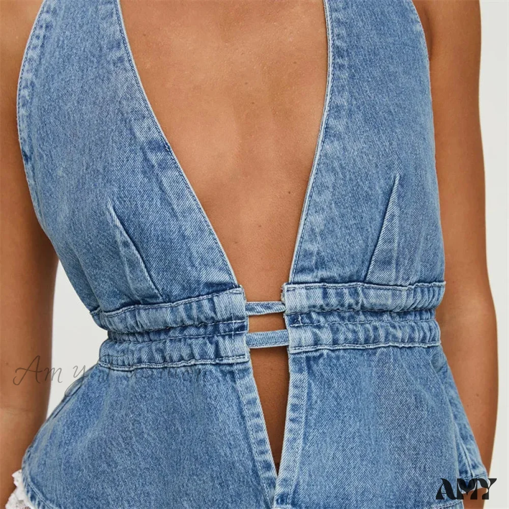 Denim Solid Color V Neck Sleeveless Backless Bandage Vest Jeans Streetwear Crop Top - Image 4