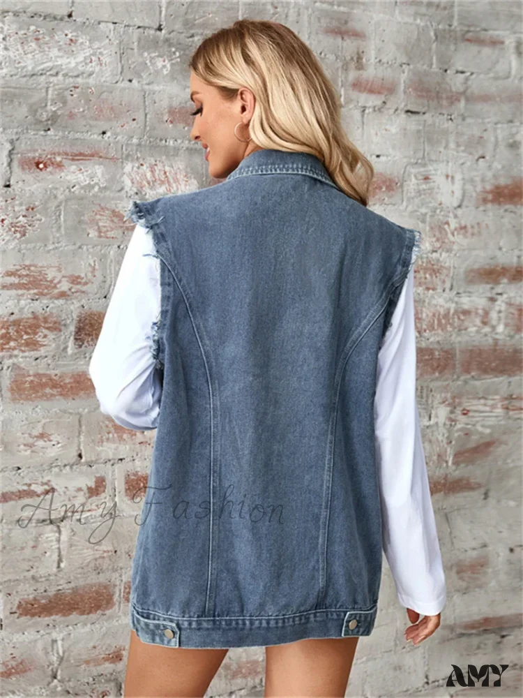Denim Vest Autumn Washed Sleeveless Waistcoat Casual Baggy Jean Vest Jacket - Image 3