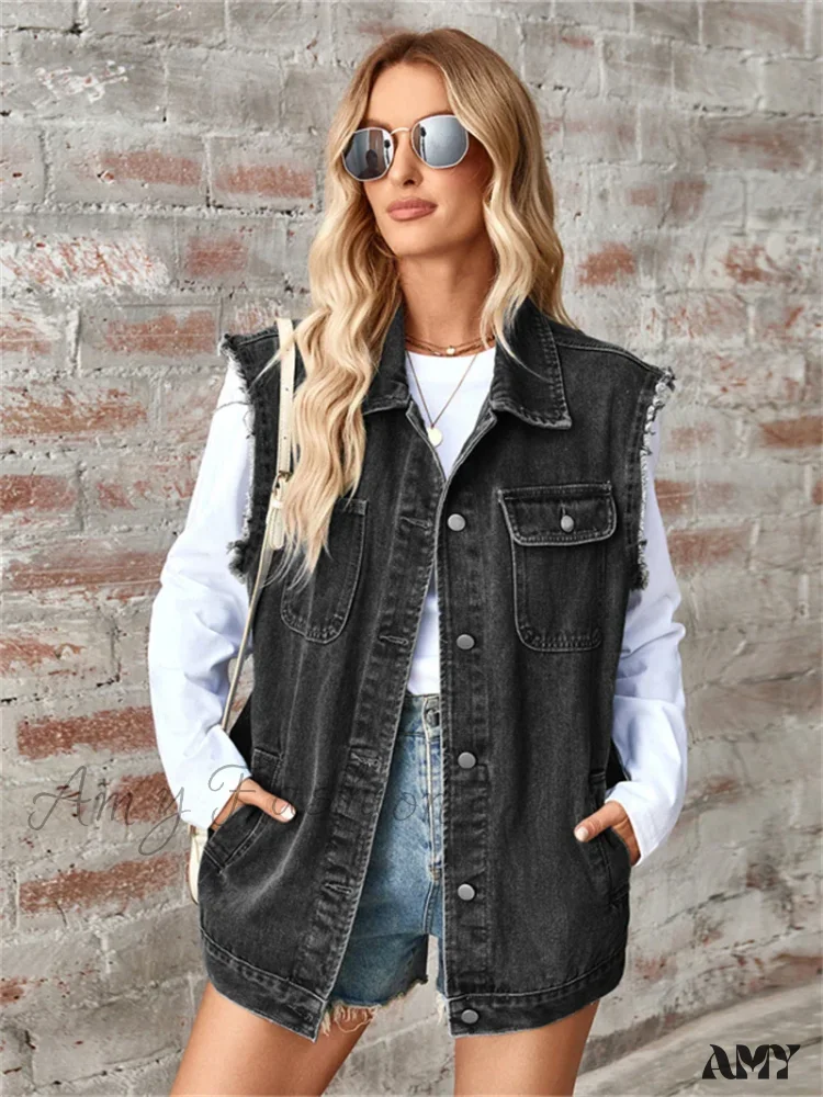 Denim Vest Autumn Washed Sleeveless Waistcoat Casual Baggy Jean Vest Jacket - Image 4