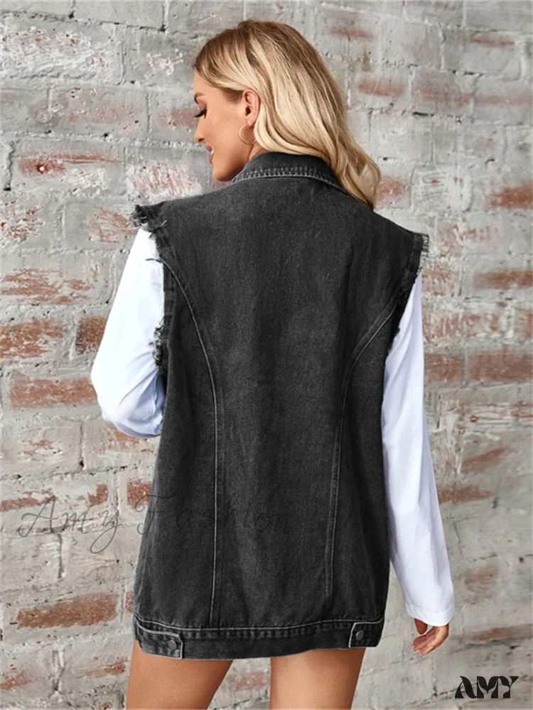 Denim Vest Autumn Washed Sleeveless Waistcoat Casual Baggy Jean Vest Jacket - Image 6