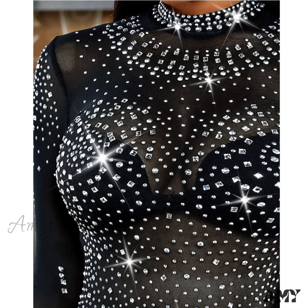 Amy Fashion - Long Sleeve Slim Fit Round Neck Diamonds Shine Blouse - Image 3