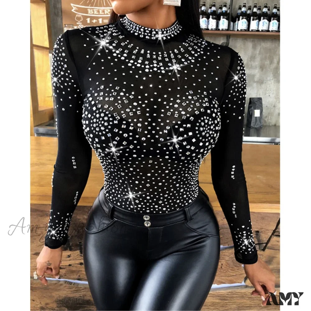 Amy Fashion - Long Sleeve Slim Fit Round Neck Diamonds Shine Blouse - Image 4