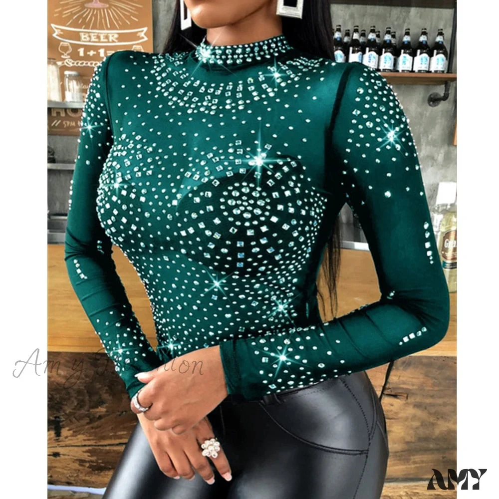 Amy Fashion - Long Sleeve Slim Fit Round Neck Diamonds Shine Blouse - Image 5