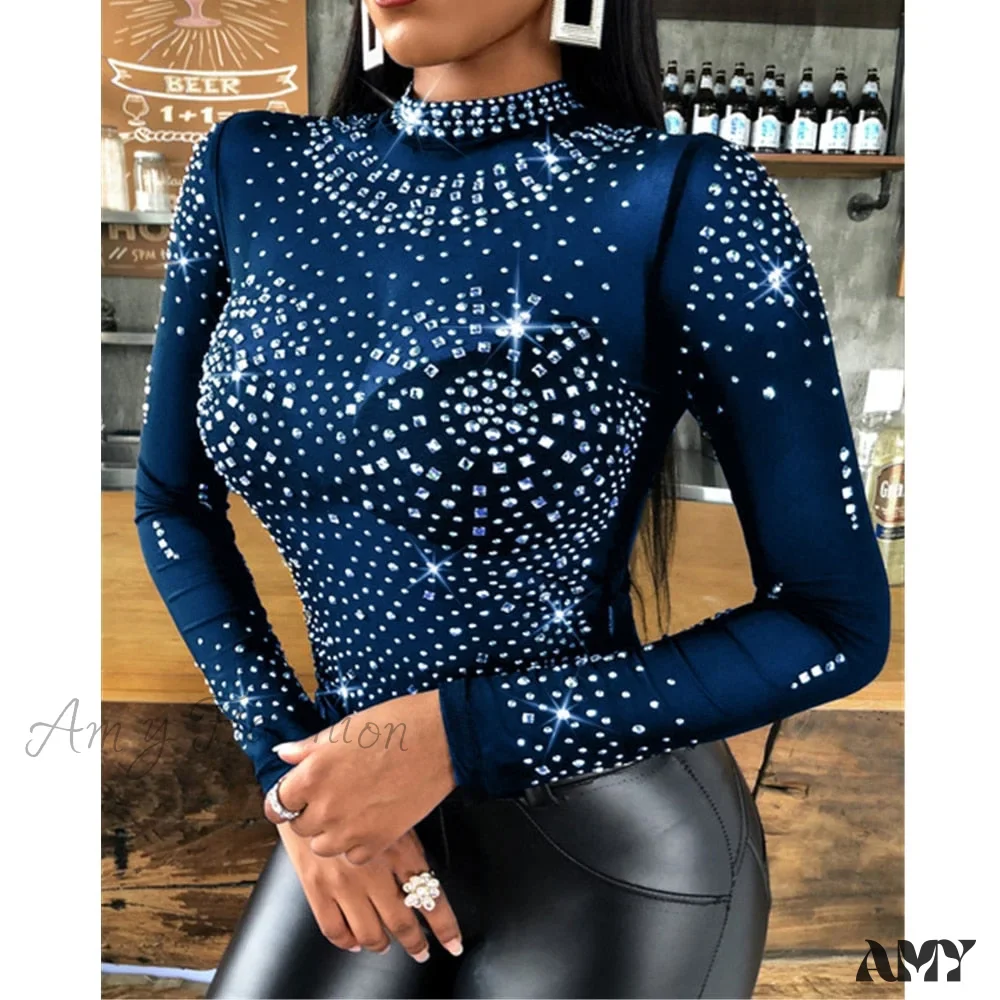 Amy Fashion - Long Sleeve Slim Fit Round Neck Diamonds Shine Blouse - Image 6