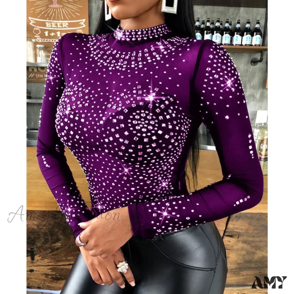 Amy Fashion - Long Sleeve Slim Fit Round Neck Diamonds Shine Blouse - Image 7