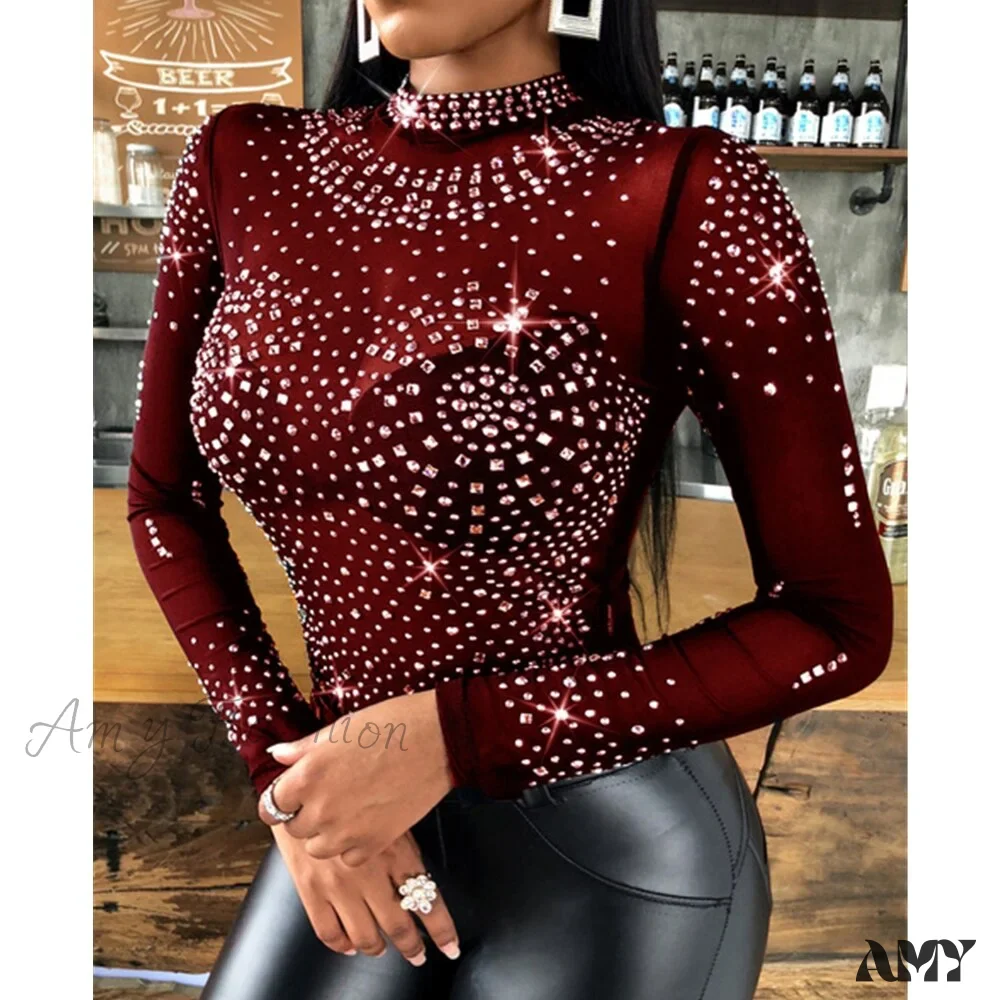 Amy Fashion - Long Sleeve Slim Fit Round Neck Diamonds Shine Blouse - Image 9