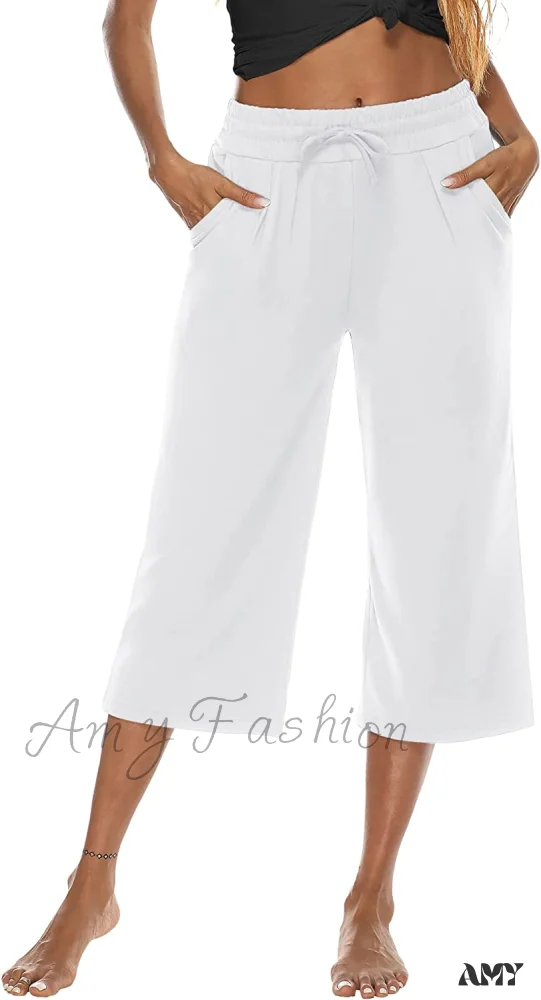 Amy Fashion - Wide Leg Crop Pants Comfy Drawstring Lounge Pajama Yoga Capris - Image 13