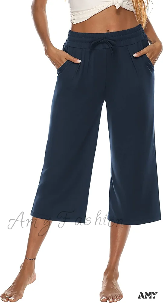 Amy Fashion - Wide Leg Crop Pants Comfy Drawstring Lounge Pajama Yoga Capris - Image 14