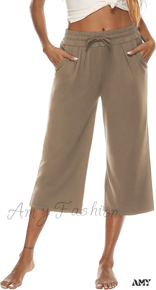 Amy Fashion - Wide Leg Crop Pants Comfy Drawstring Lounge Pajama Yoga Capris - Image 3