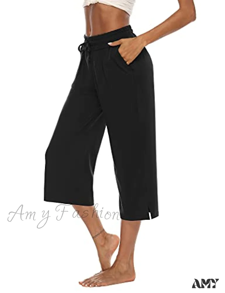 Amy Fashion - Wide Leg Crop Pants Comfy Drawstring Lounge Pajama Yoga Capris - Image 5