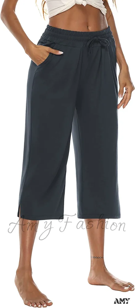 Amy Fashion - Wide Leg Crop Pants Comfy Drawstring Lounge Pajama Yoga Capris - Image 8
