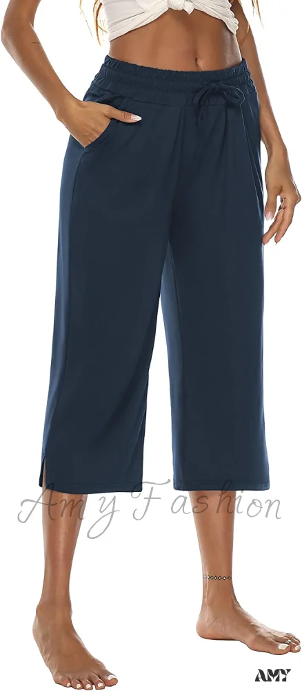 Amy Fashion - Wide Leg Crop Pants Comfy Drawstring Lounge Pajama Yoga Capris - Image 9