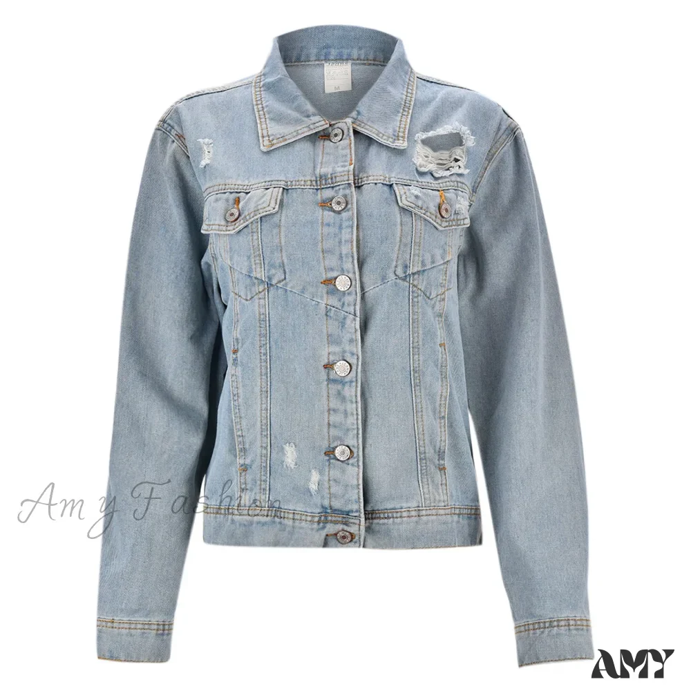 Distressed Ripped Holes Fashionable Casual Water Wash Turn Down Collar Outerwear Jacket - Image 3