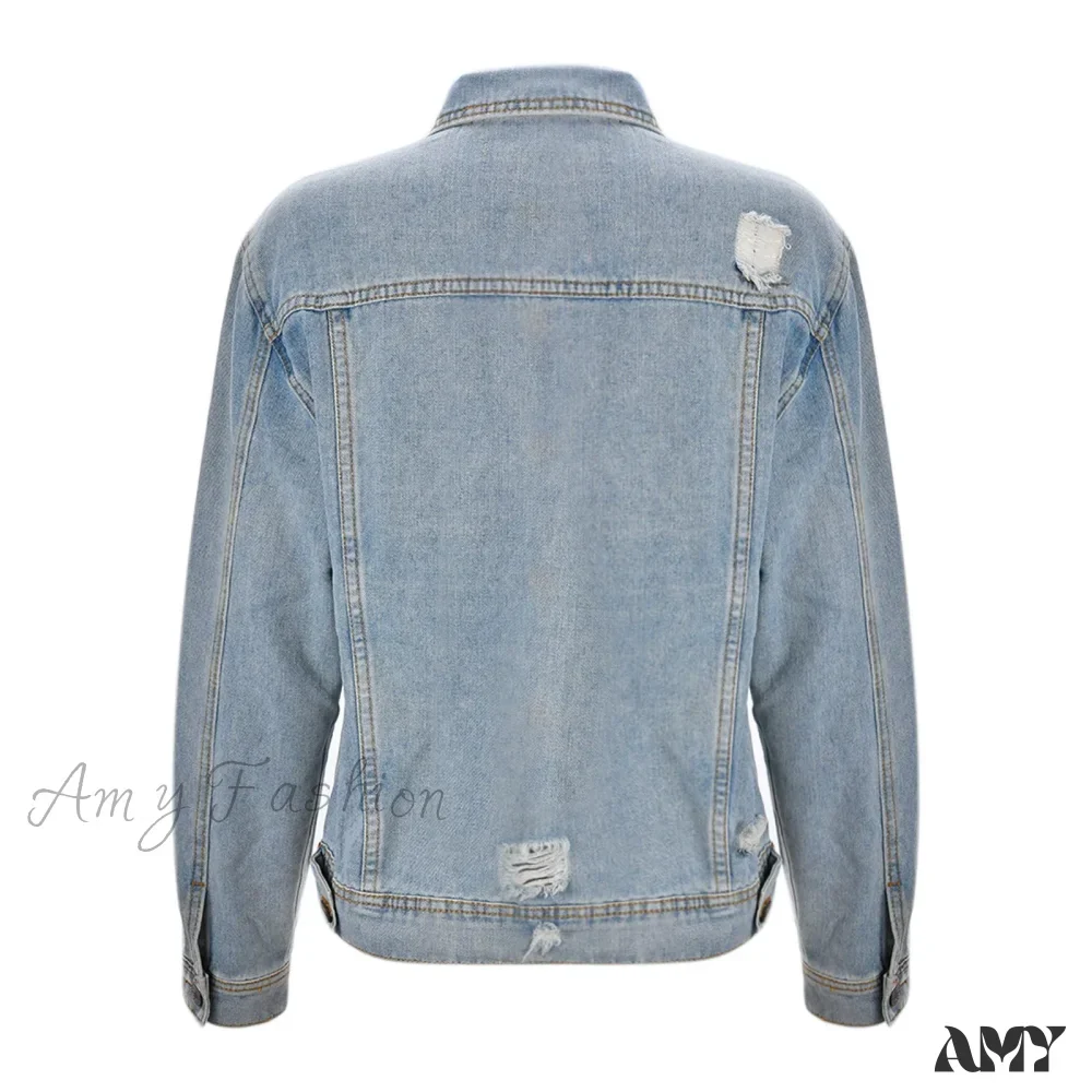 Distressed Ripped Holes Fashionable Casual Water Wash Turn Down Collar Outerwear Jacket - Image 4